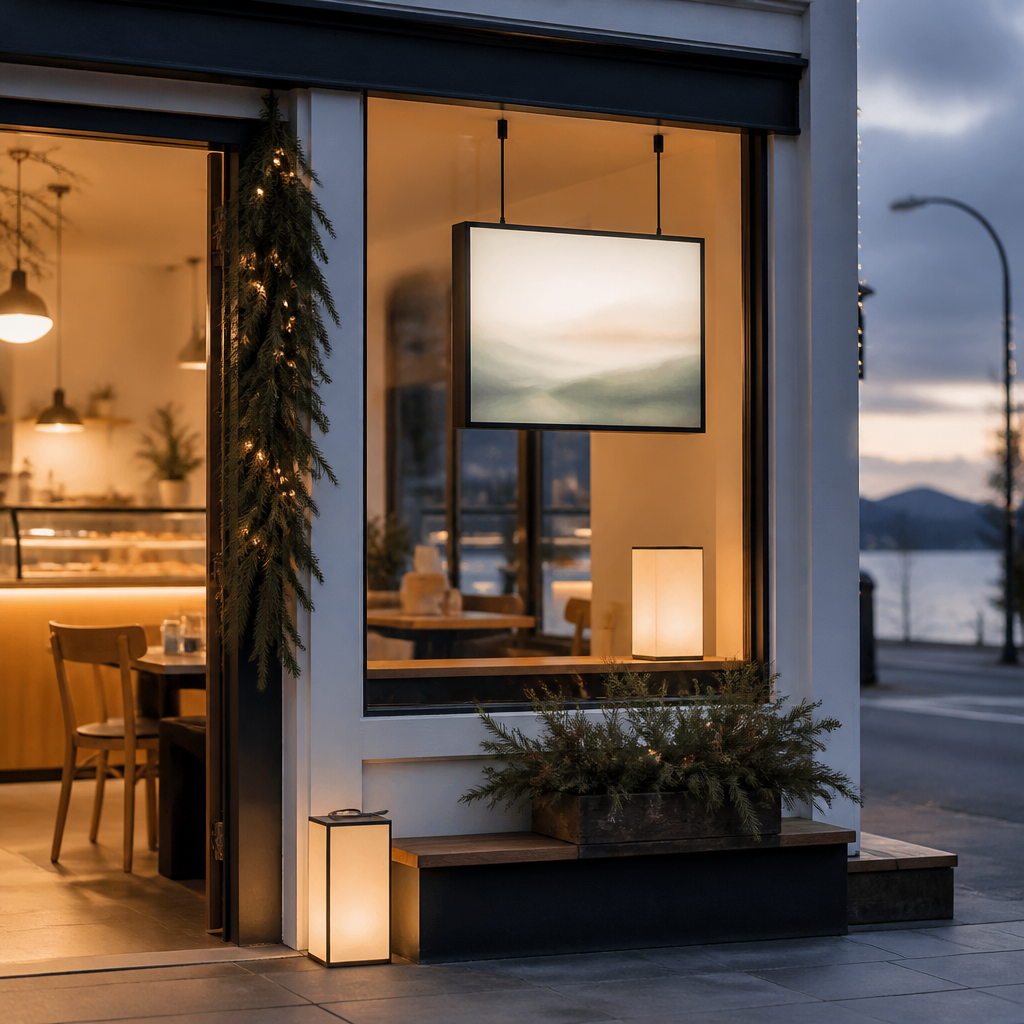 Café window at dusk with a hanging LCD display and backlit paper signs planned for the Christmas rush