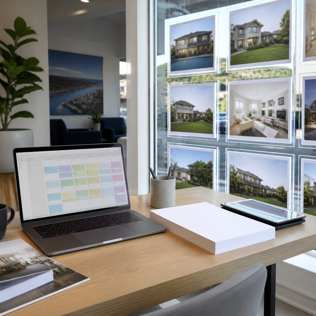 Real estate agency desk with a laptop content schedule and backlit paper beside an LED window display