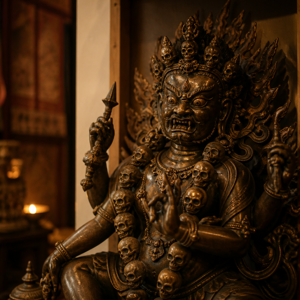 Bronze wrathful dharmapala statue with flaming halo and skull garland in a Vajrayana Buddhist shrine niche