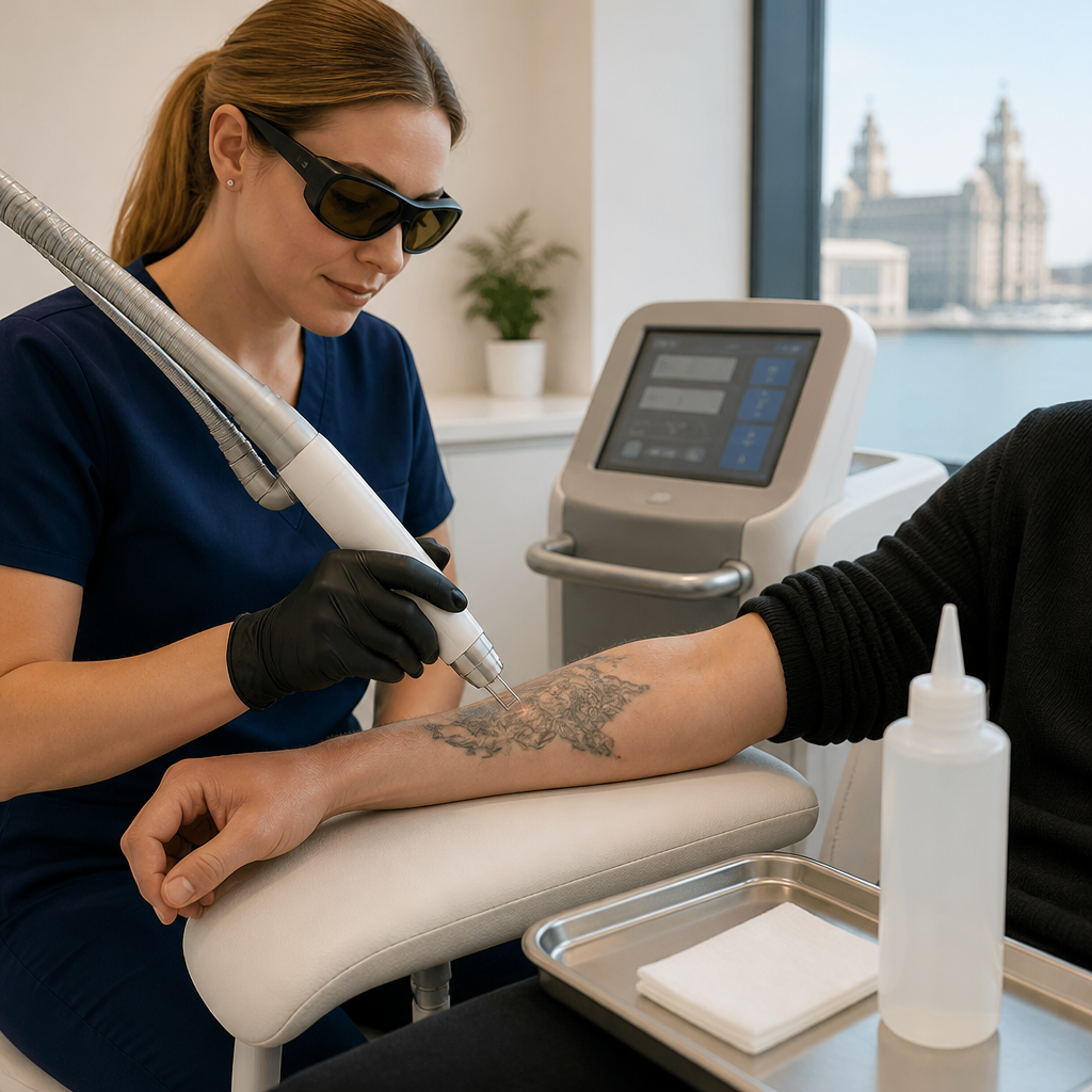 Clinician treating a faded tattoo on a forearm with a laser in a Liverpool tattoo removal clinic room