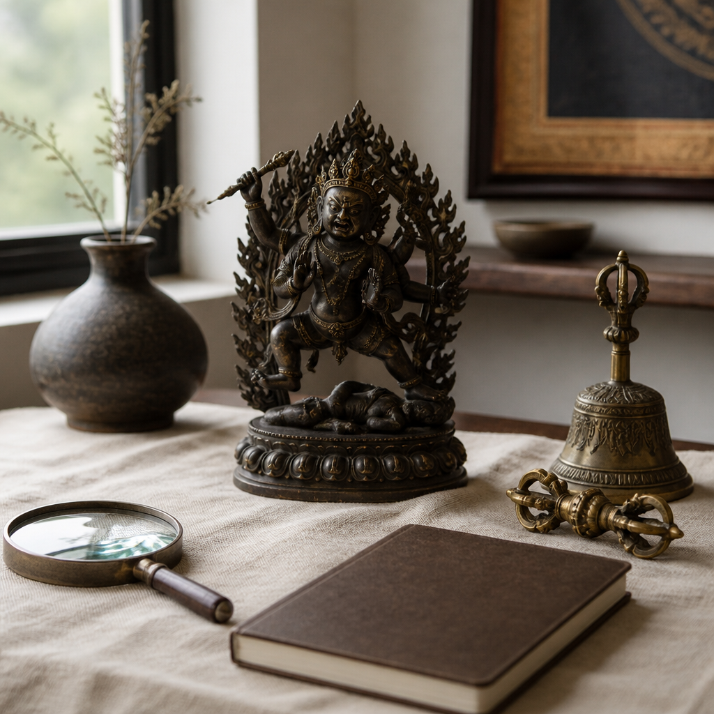 Dark bronze protector deity statue beside a vajra and bell on linen, studied by a collector