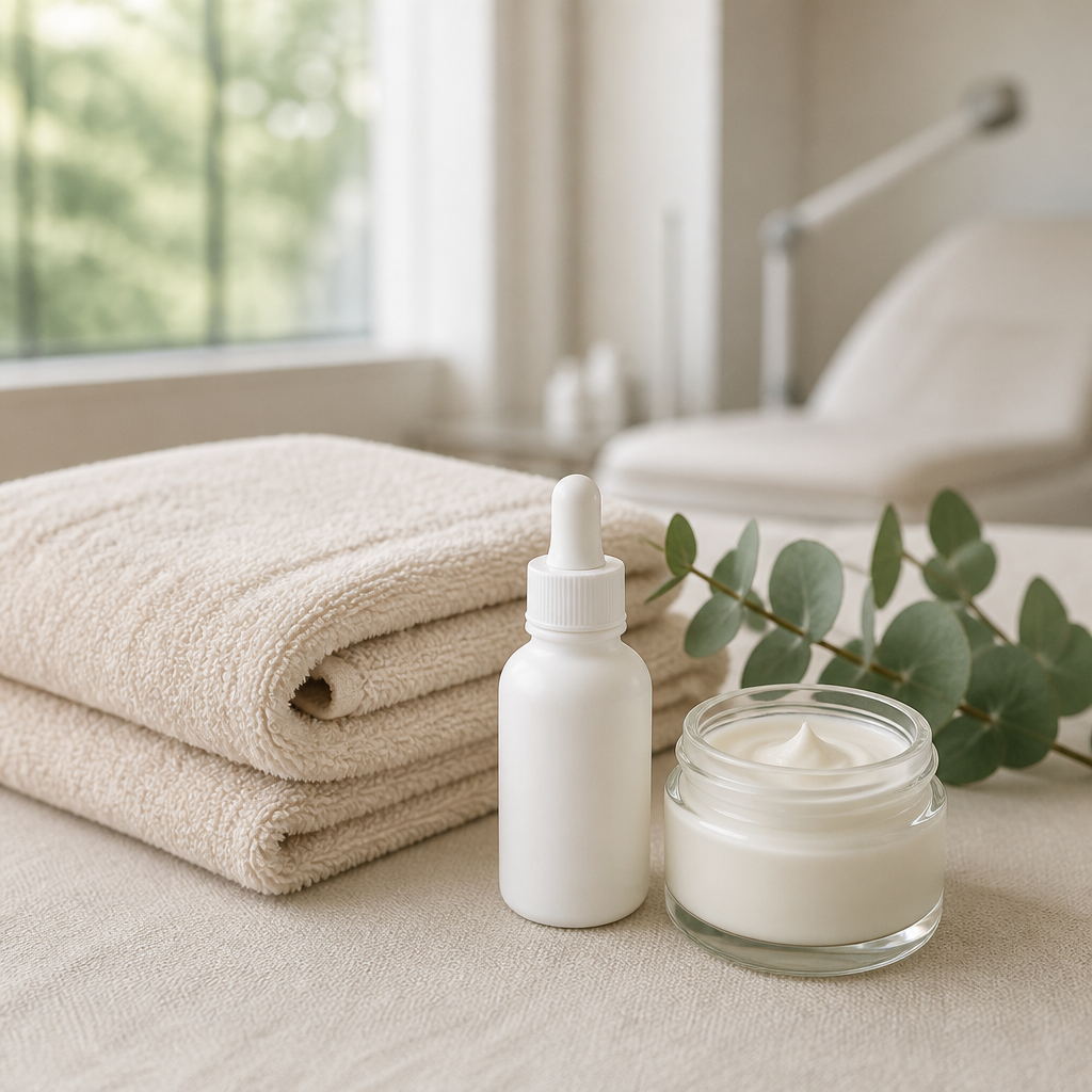 Plain skincare bottles and a soft towel set out for aftercare following laser tattoo removal
