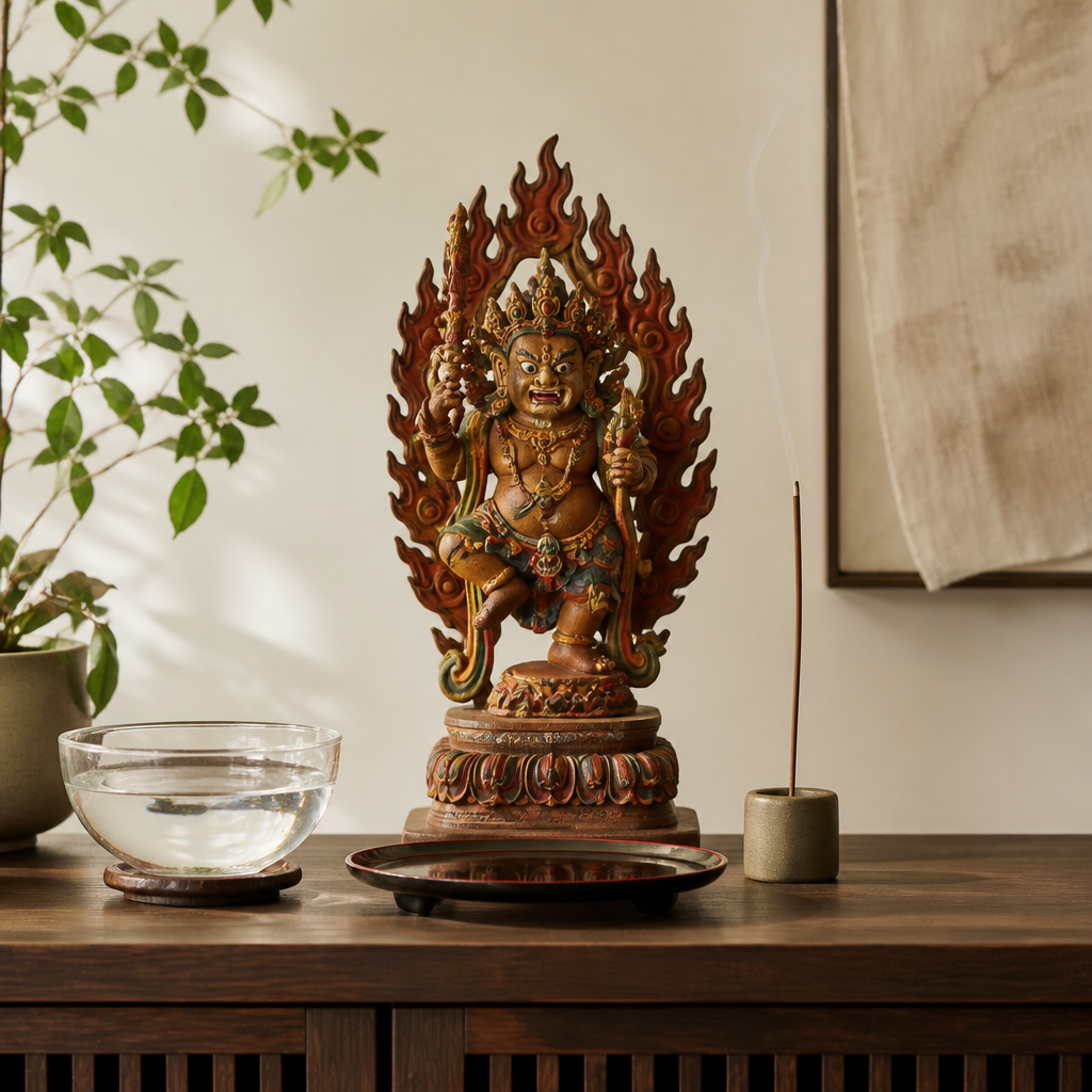 Carved wooden protector deity figure on a home altar with incense holder and lacquerware tray