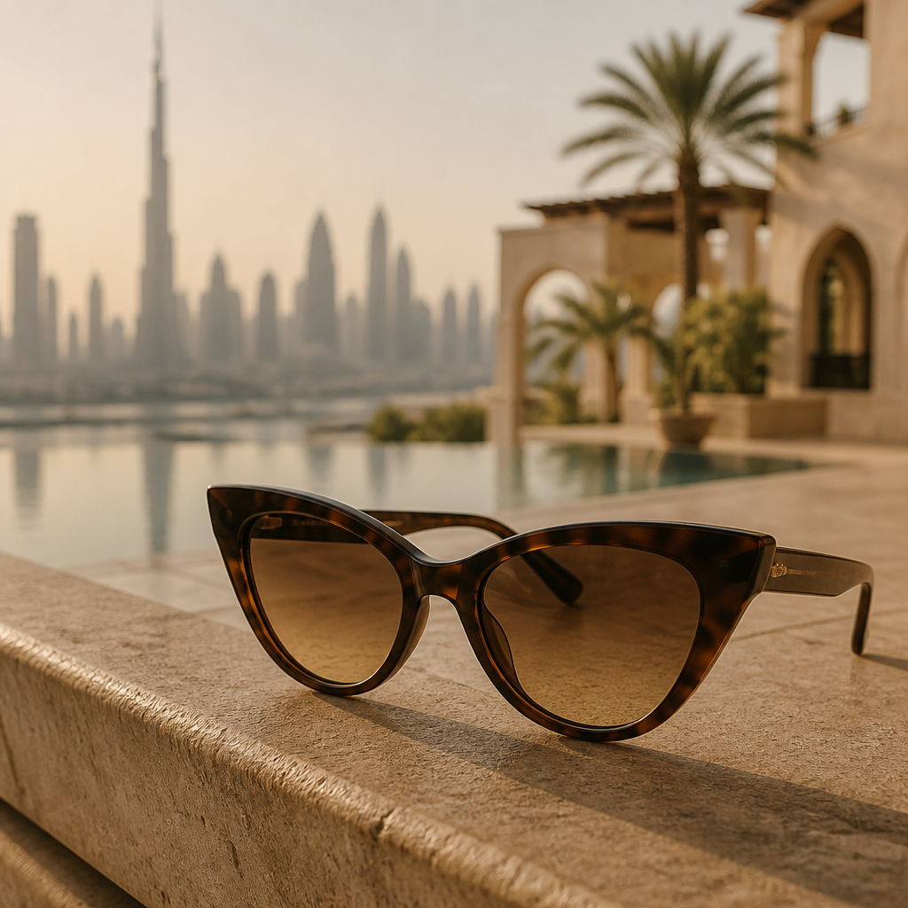 Cat-eye sunglasses with lifted outer corners resting on a sunlit terrace ledge with a Dubai skyline behind.