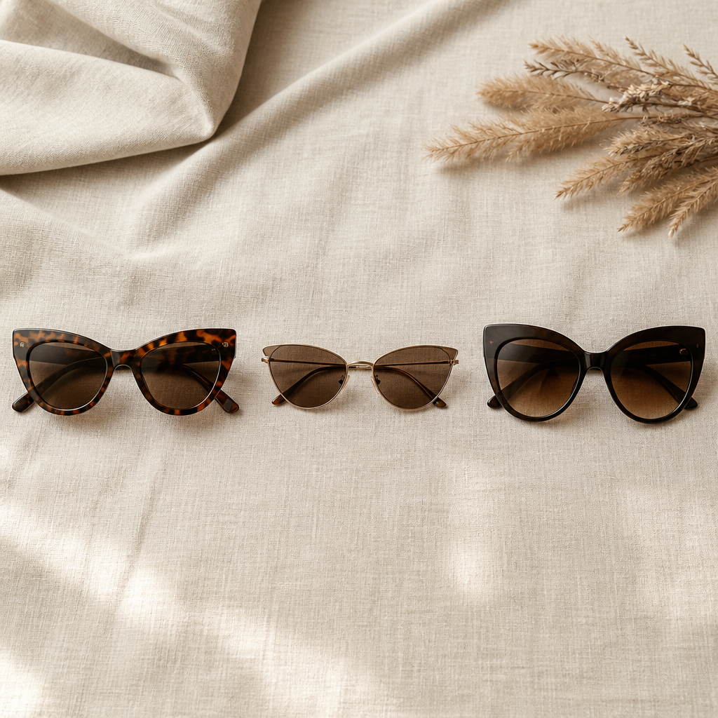 Three cat-eye frame styles, acetate, slim metal and oversized, laid out on a neutral linen surface.