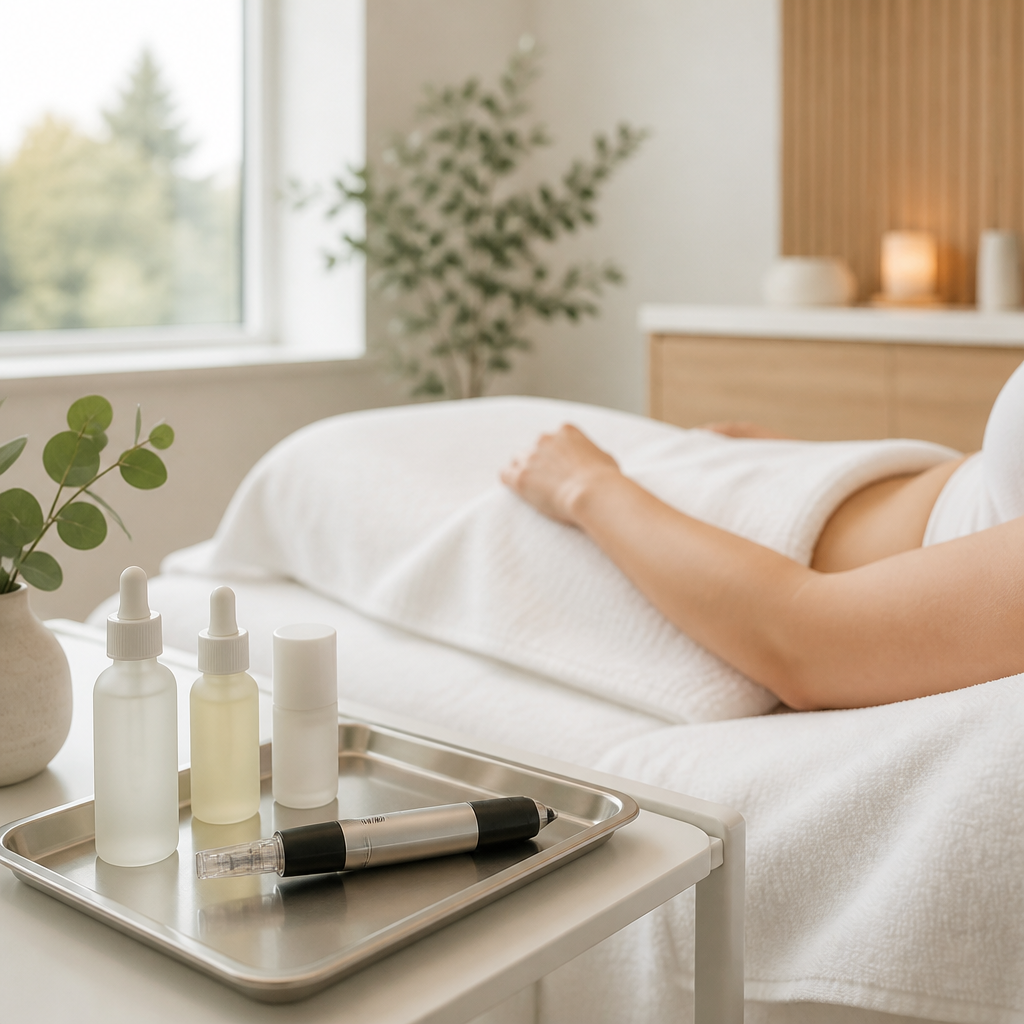 Microneedling pen and plain serum bottles on a tray in a bright stretch mark treatment room in Aurora.