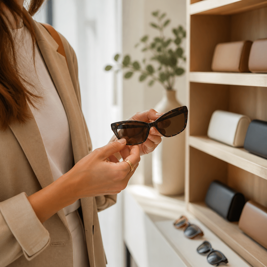 Hands holding cat-eye sunglasses in a bright eyewear boutique with shelves of frames behind.