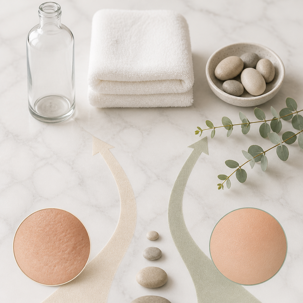 Flat-lay of plain skin care bottles, white towels and stones on marble for a stretch mark aftercare guide.