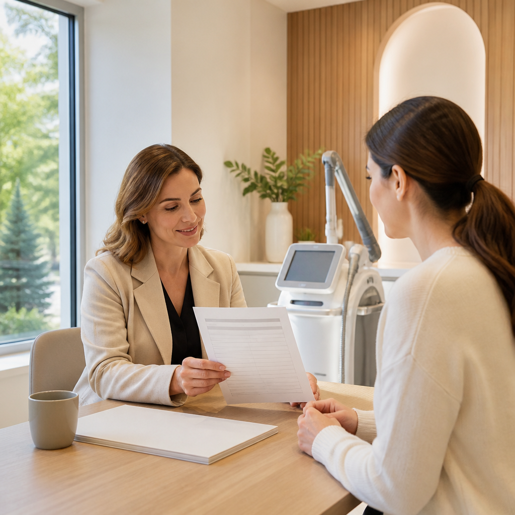 Clinic consultation in Aurora with a clothed practitioner reviewing a treatment plan beside a laser device.