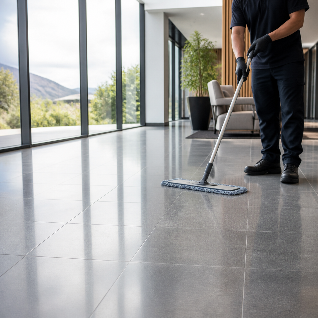 Polished commercial foyer tiles with a clean sheen, showing hard floor maintenance commercial NZ in a modern office.