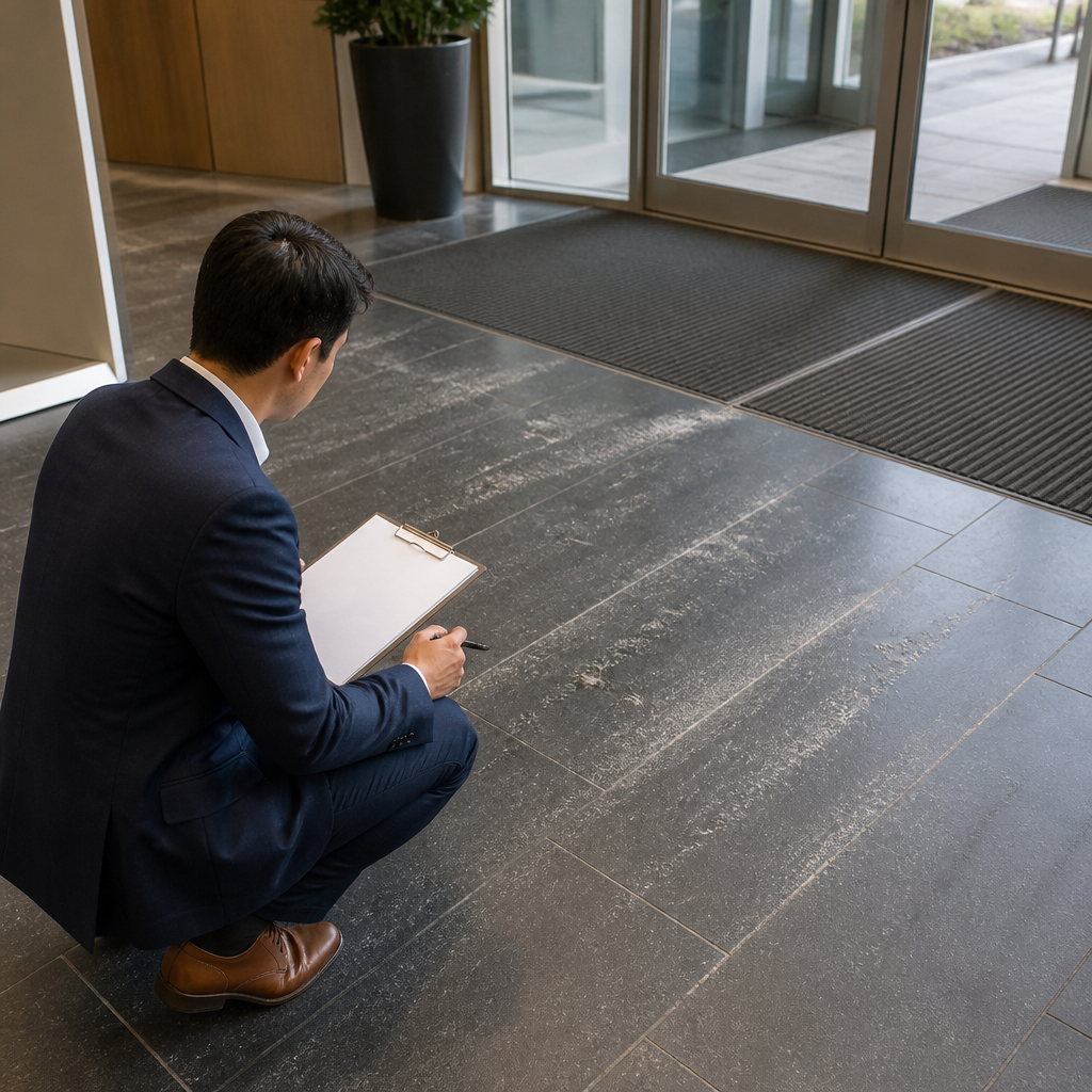 Facility manager checking entrance floor wear on a clipboard, part of a floor cleaning programme Auckland sites use.