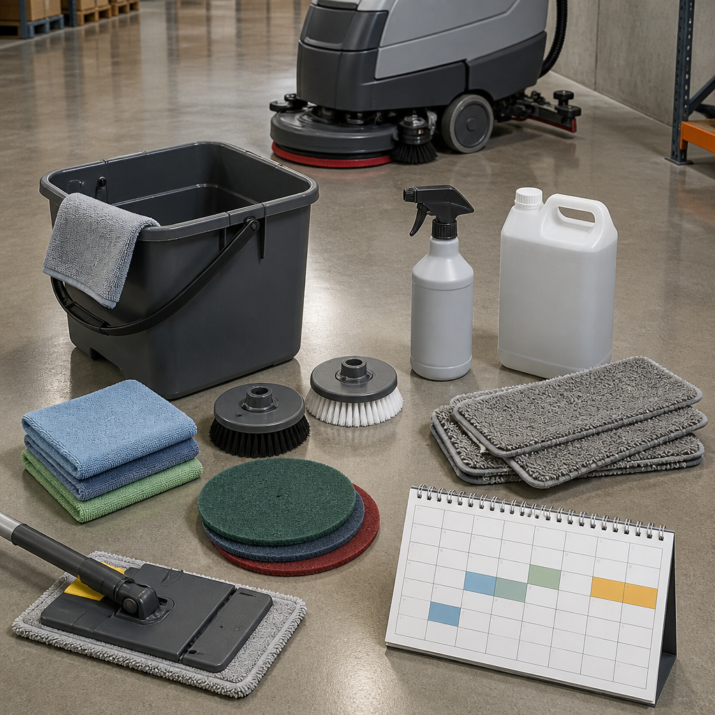 Cleaning equipment and a seasonal schedule on sealed concrete, illustrating commercial floor cleaning Christchurch planning.