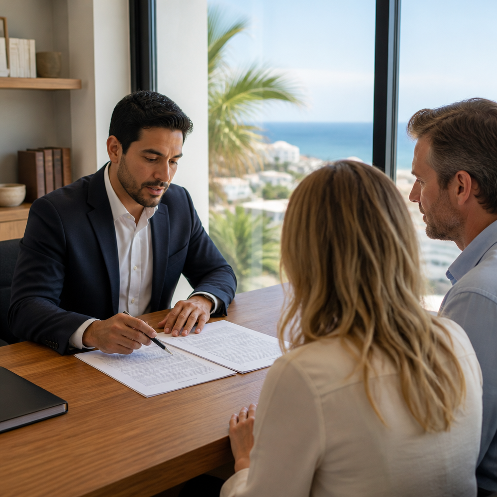 Bilingual lawyer and foreign buyers reviewing a Spanish property contract side by side in a Puerto Vallarta office.