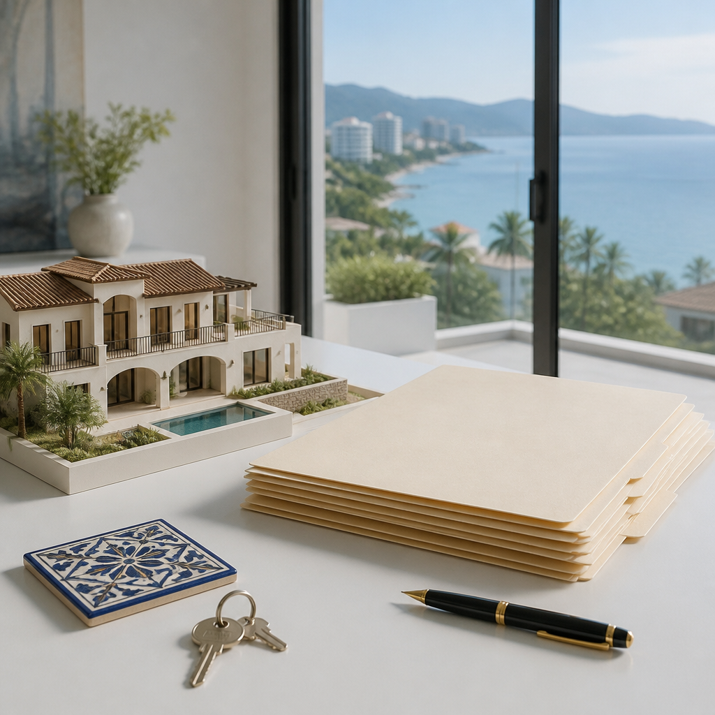 Property documents, keys and a pen on a table, representing a real estate purchase in Puerto Vallarta.