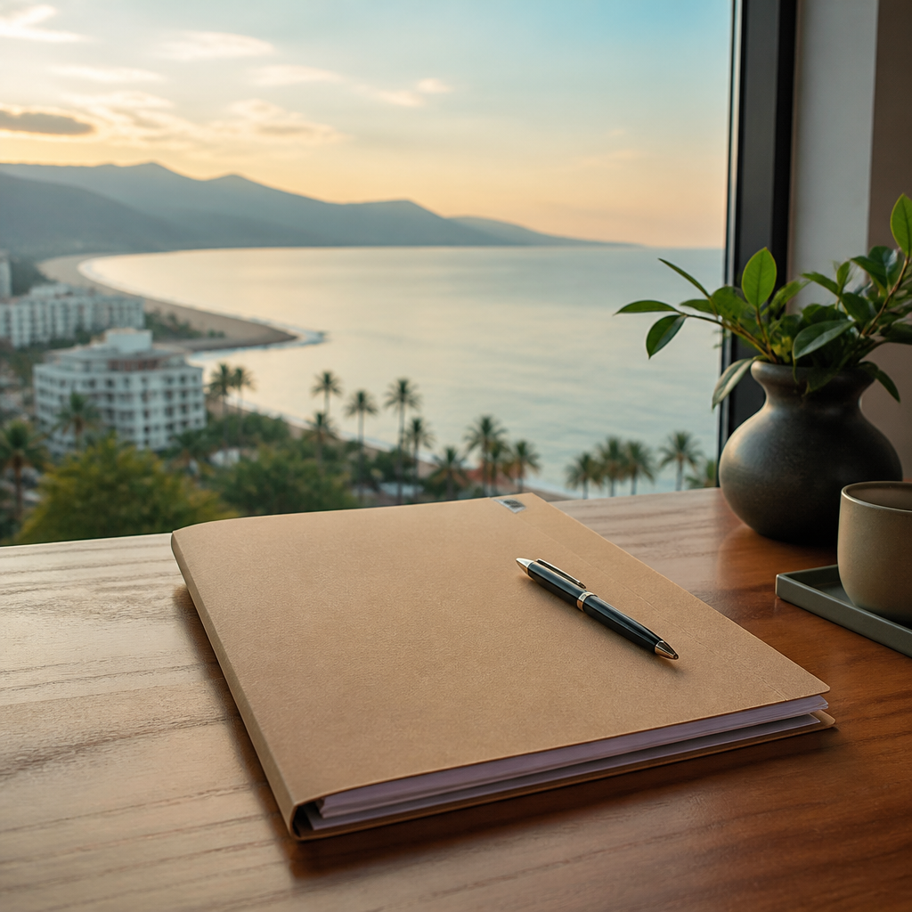 Fideicomiso bank trust folder and pen on a desk overlooking the Puerto Vallarta coastline in Mexico