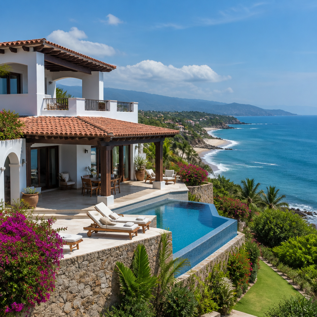 Luxury oceanfront villa on a coastal hillside in Punta Mita, Mexico, within the restricted zone