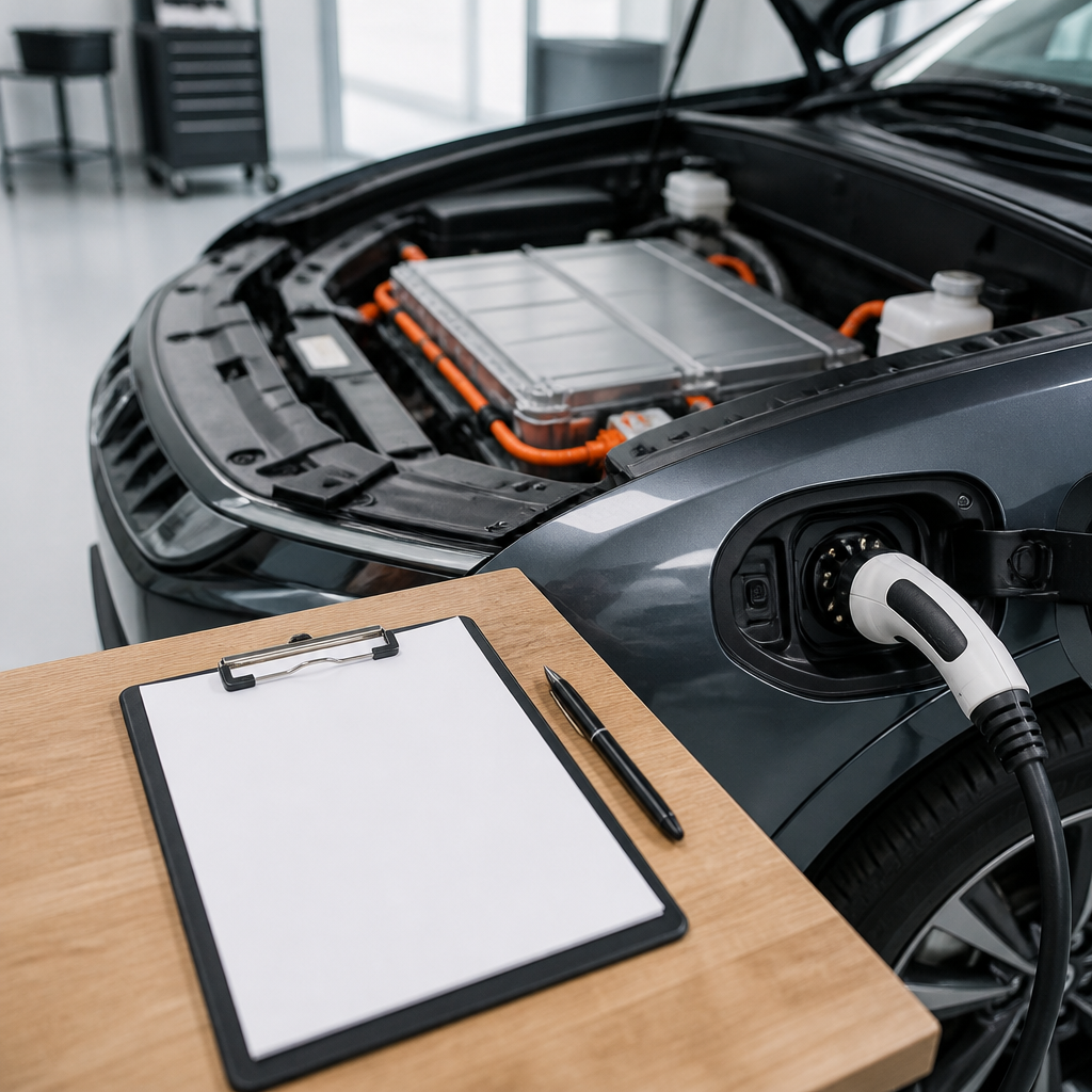 Revisión del estado de la batería de un coche eléctrico de segunda mano en un taller luminoso