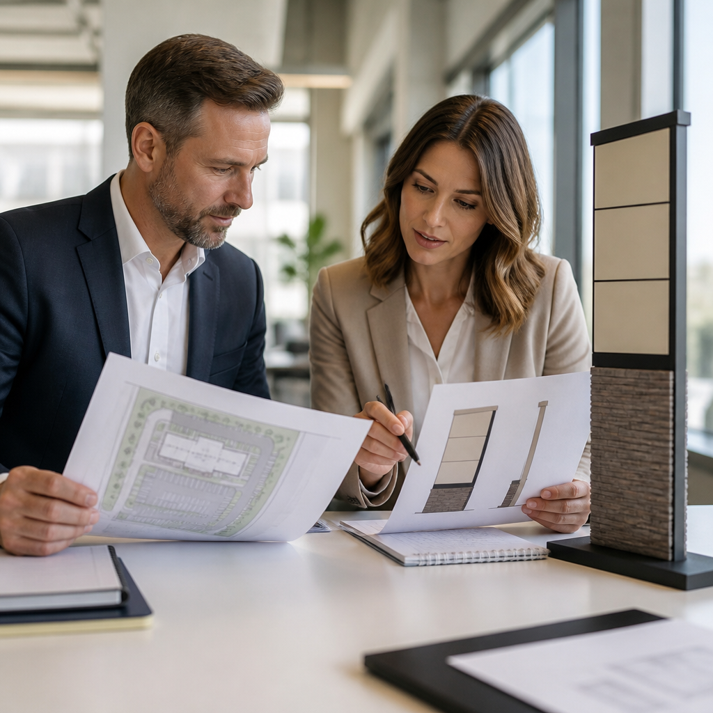 Property manager and franchise operator reviewing a signage plan beside a pylon sign model in a bright office