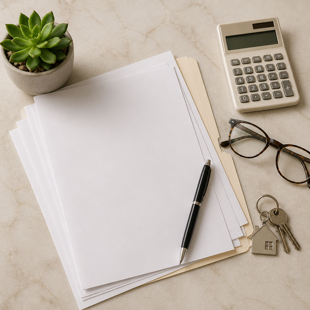 Flat-lay of closing papers, calculator, keys and glasses representing real estate escrow coordination
