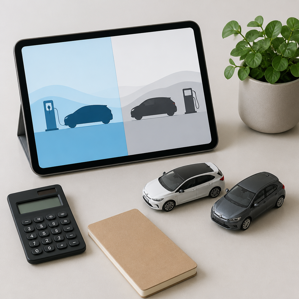 Comparativa lado a lado de un coche eléctrico y uno de gasolina con calculadora y notas sobre reventa