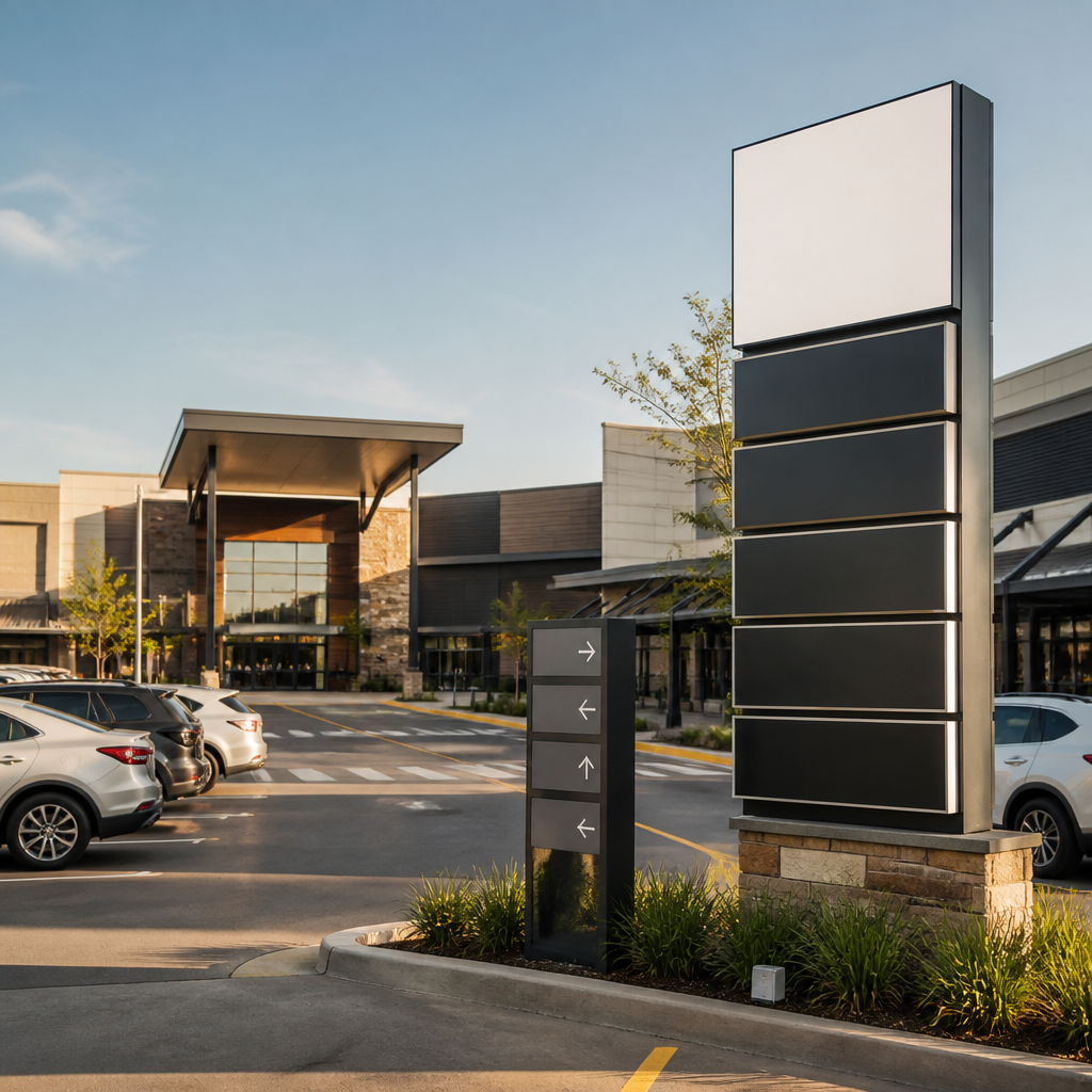 Freestanding pylon sign and wayfinding signage guiding drivers toward tenants at a South African commercial centre