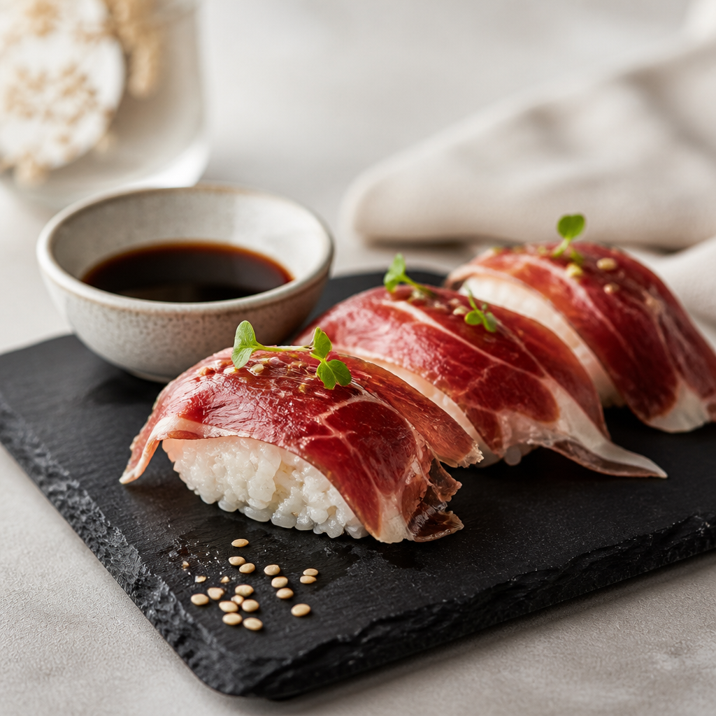 Nigiri de jamón ibérico en tabla de pizarra con semillas de sésamo, fusión de jamón ibérico y cocina asiática