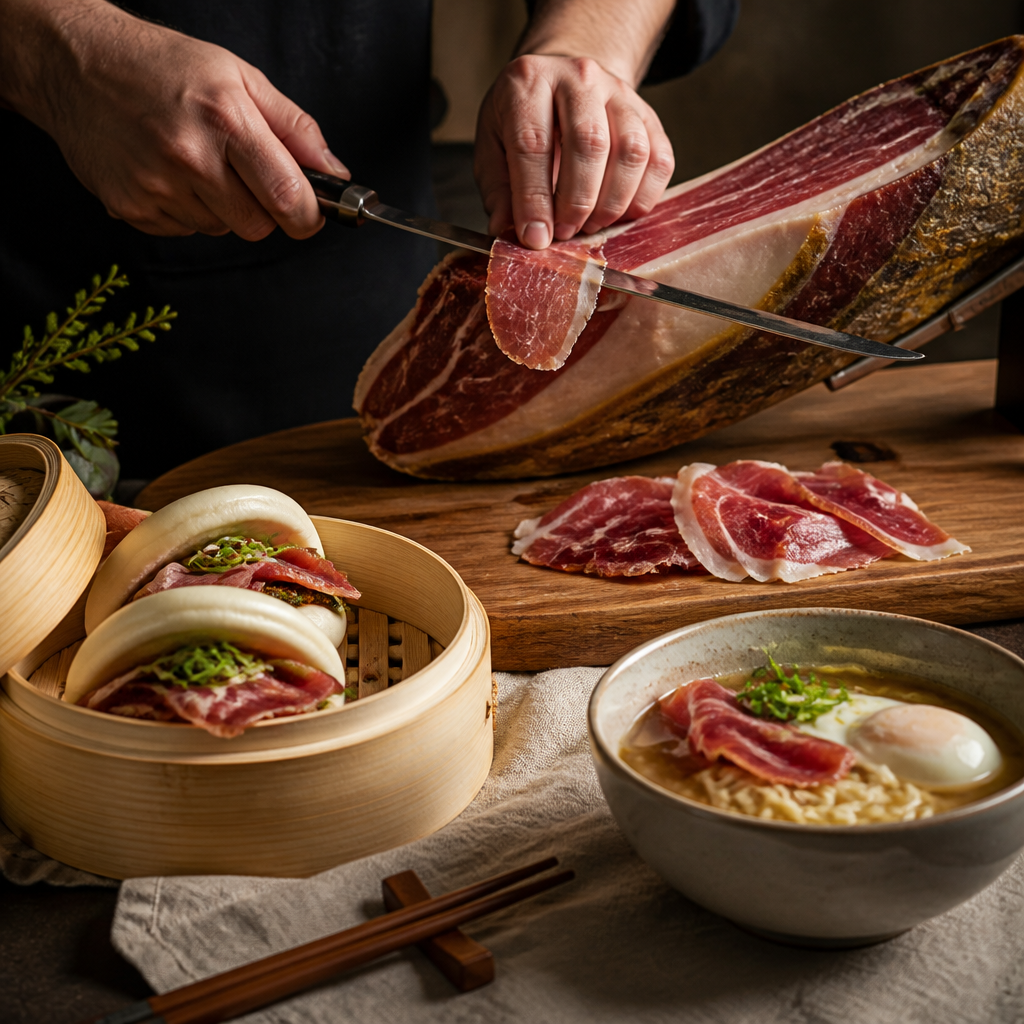 Jamón ibérico cortado junto a bao al vapor y cuenco de ramen en una mesa de restaurante