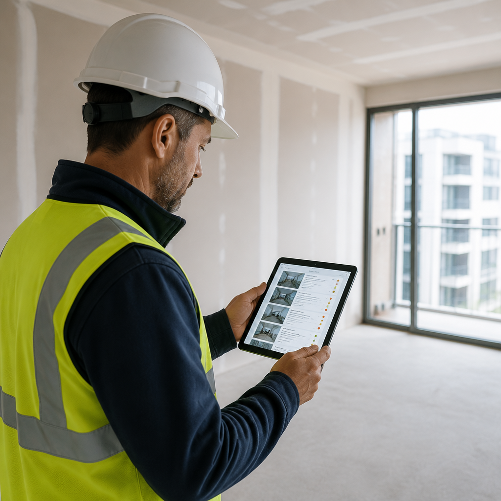 Building inspector reviewing a multi-stage defect report on a tablet inside a new apartment under construction.