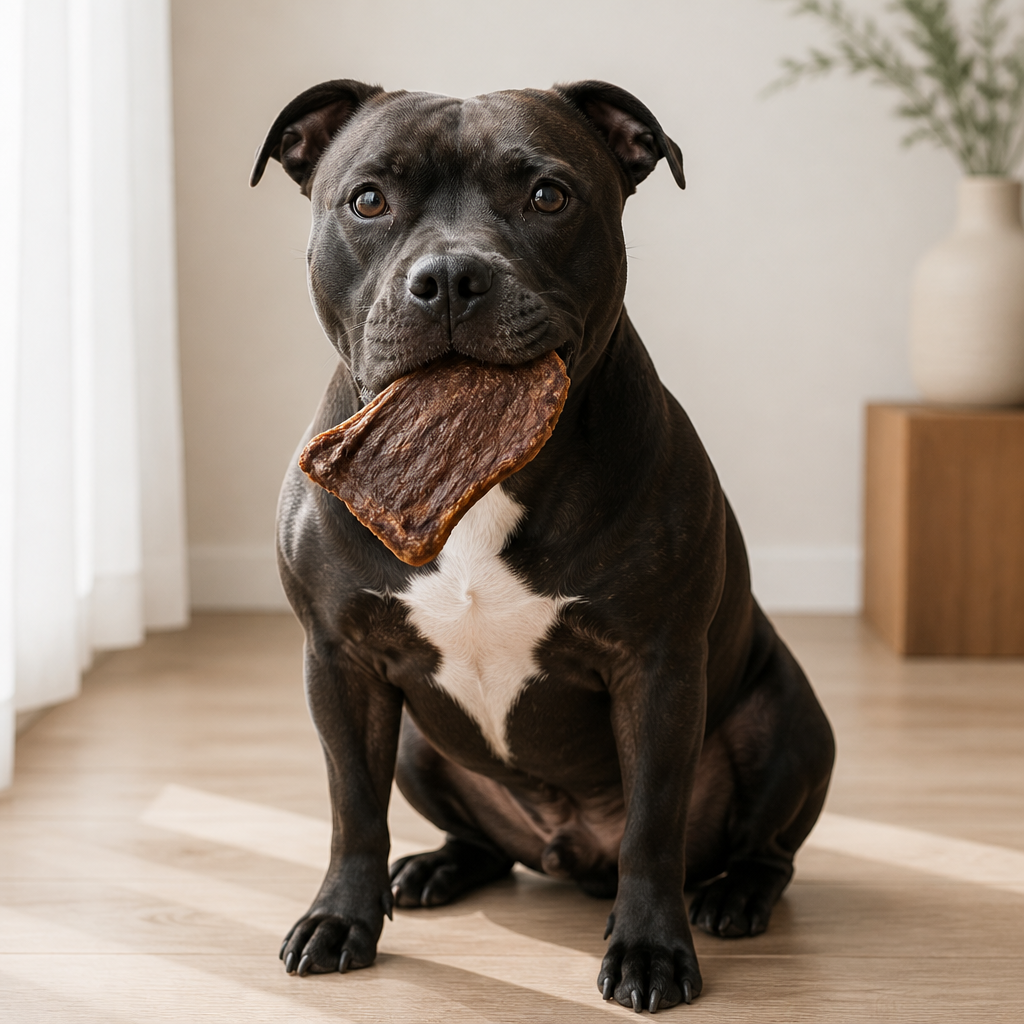 Sturdy dog gently holding an air-dried beef treat chip in its front teeth, showing dog treat texture suited to strong jaws
