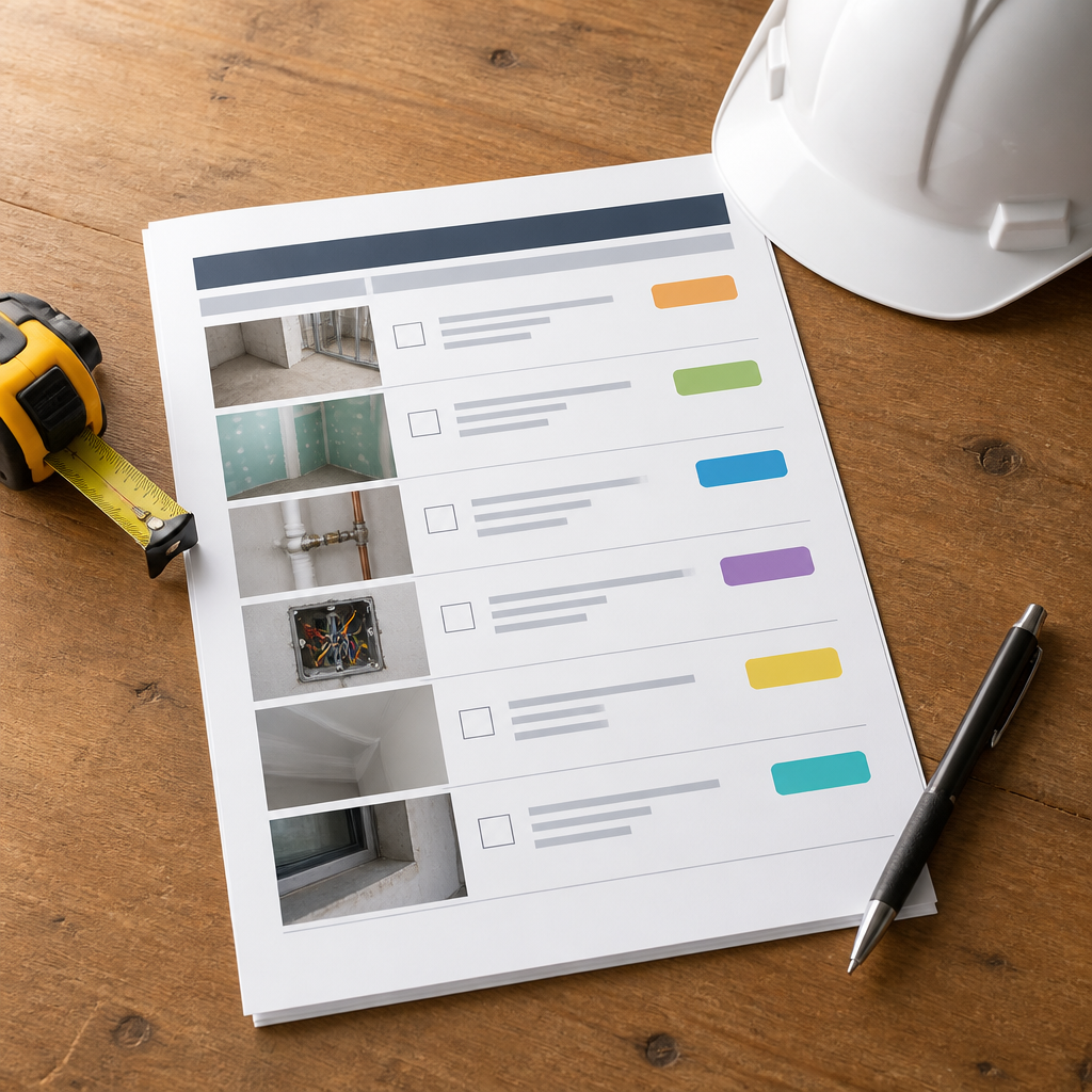 Printed defect checklist with photo thumbnails and trade tags on a site table beside a hard hat.
