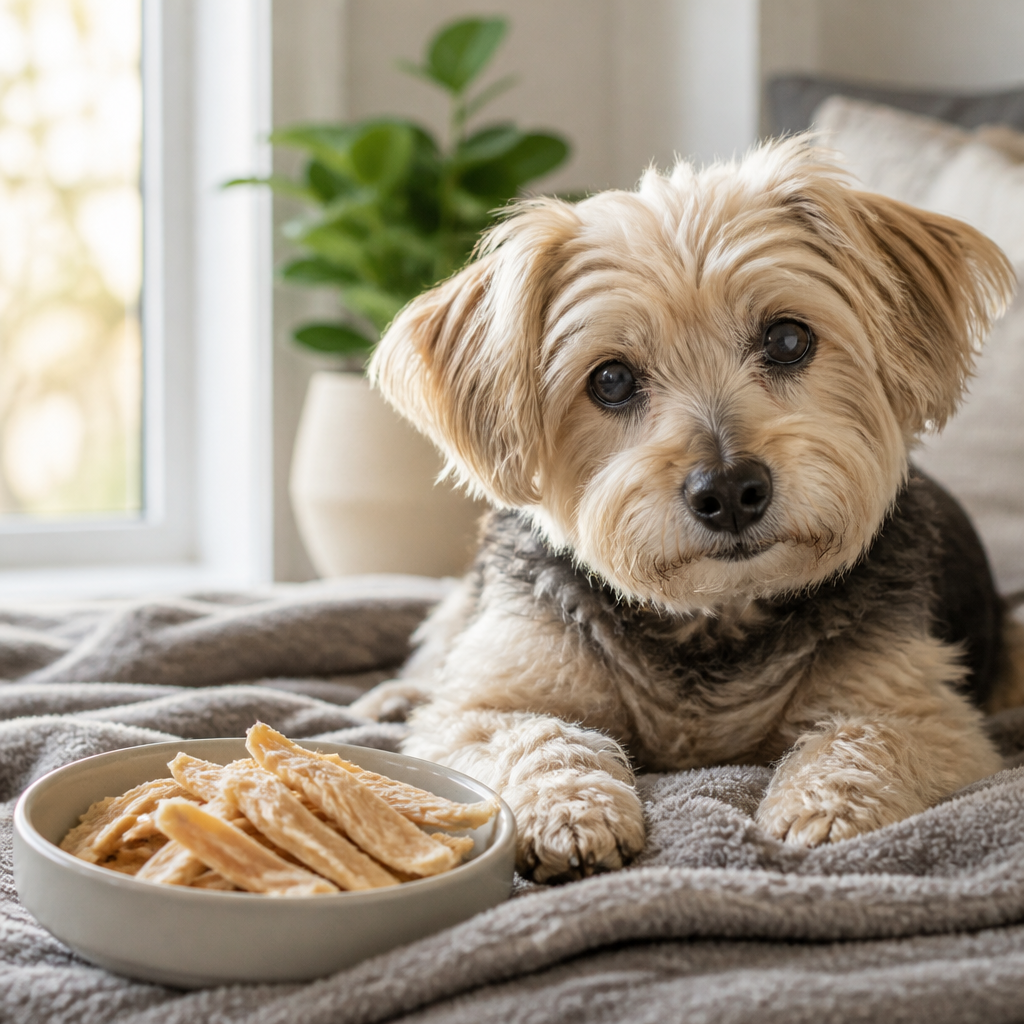 Older small dog resting beside a bowl of soft, thin air-dried chicken treats suited to gentler chewing