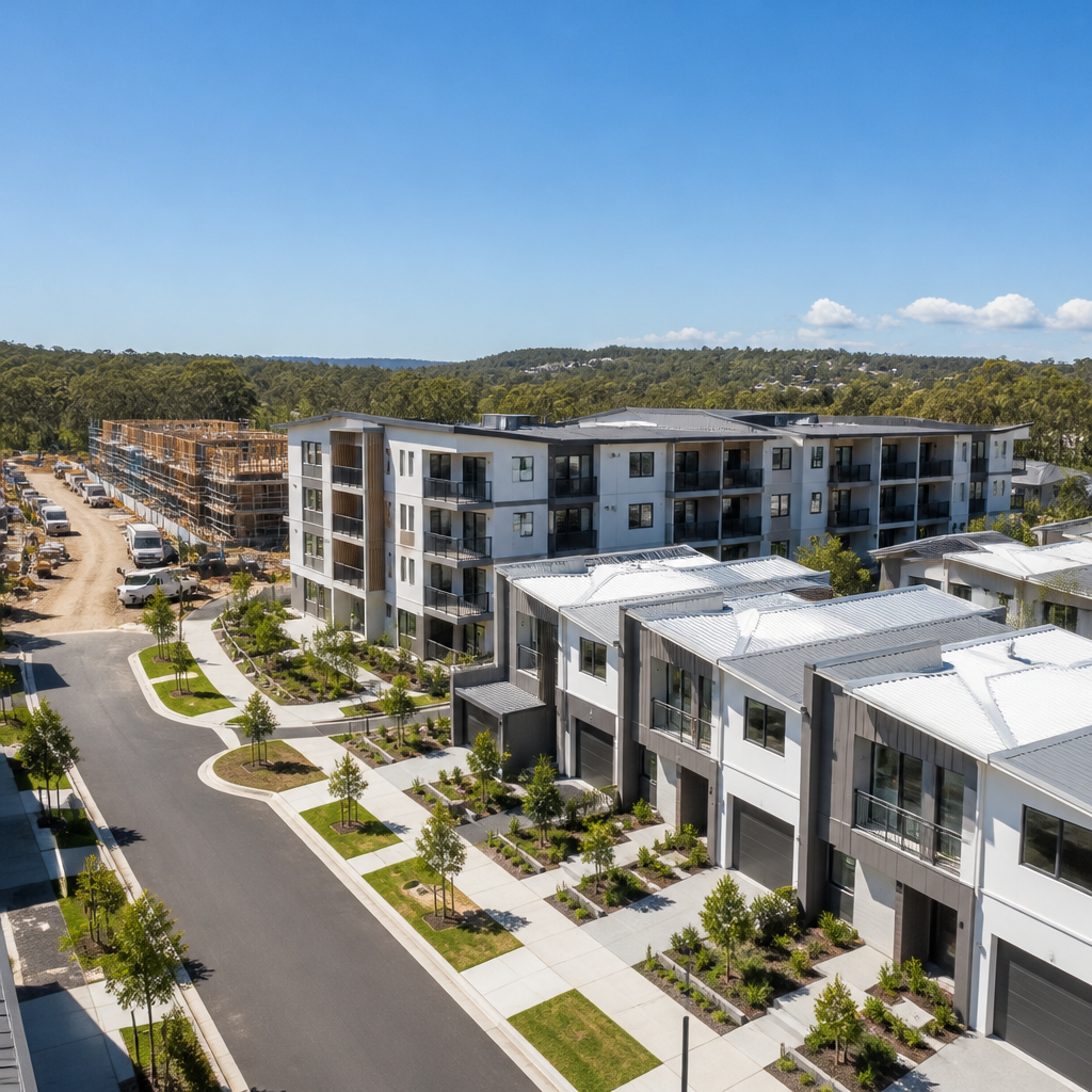 Aerial view of a multi-residential housing development with newly completed townhouses and low-rise apartments.