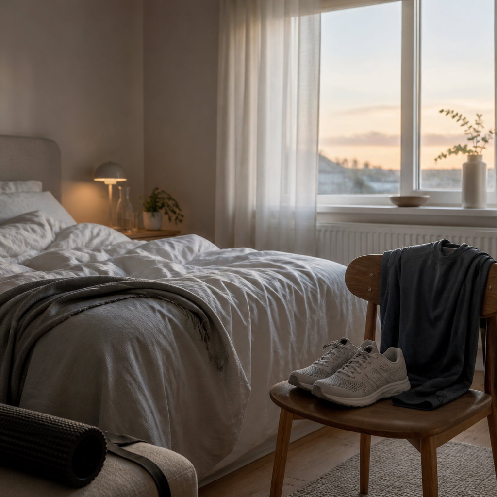 Rumpled bed and folded running kit in a quiet UK bedroom at dawn, illustrating sleep and athletic recovery.