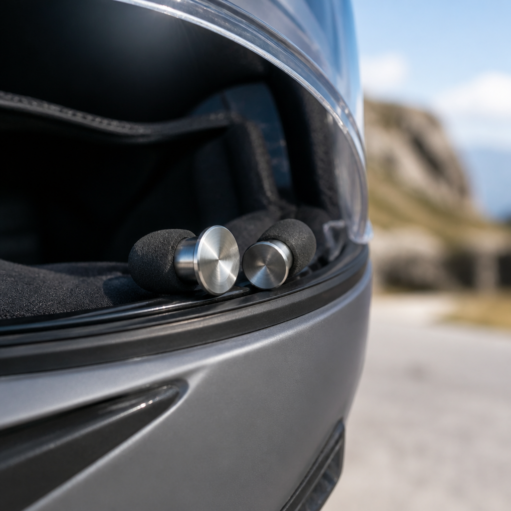 Metal-bodied ear plugs with foam tips resting beside a motorcycle helmet, showing ear plugs for motorcyclists.