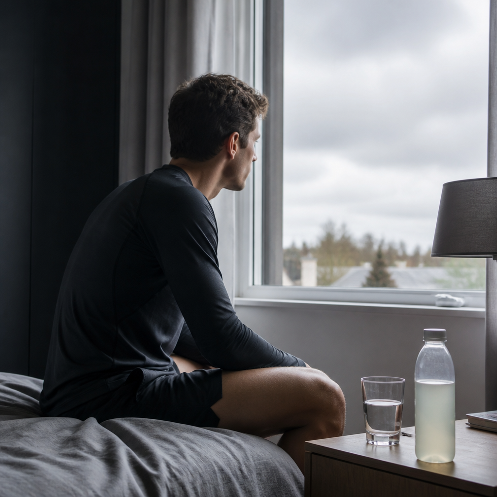 Athlete on a bed edge gazing at a grey morning sky beside a glass of water, reflecting on sleep quality in sport.
