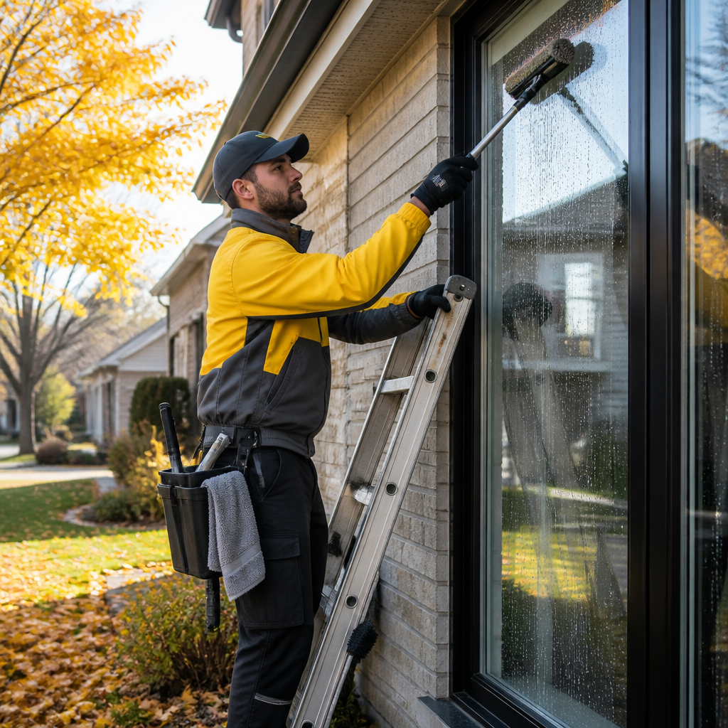 Window cleaner washing exterior glass of a suburban Ontario home during exterior cleaning in late October.