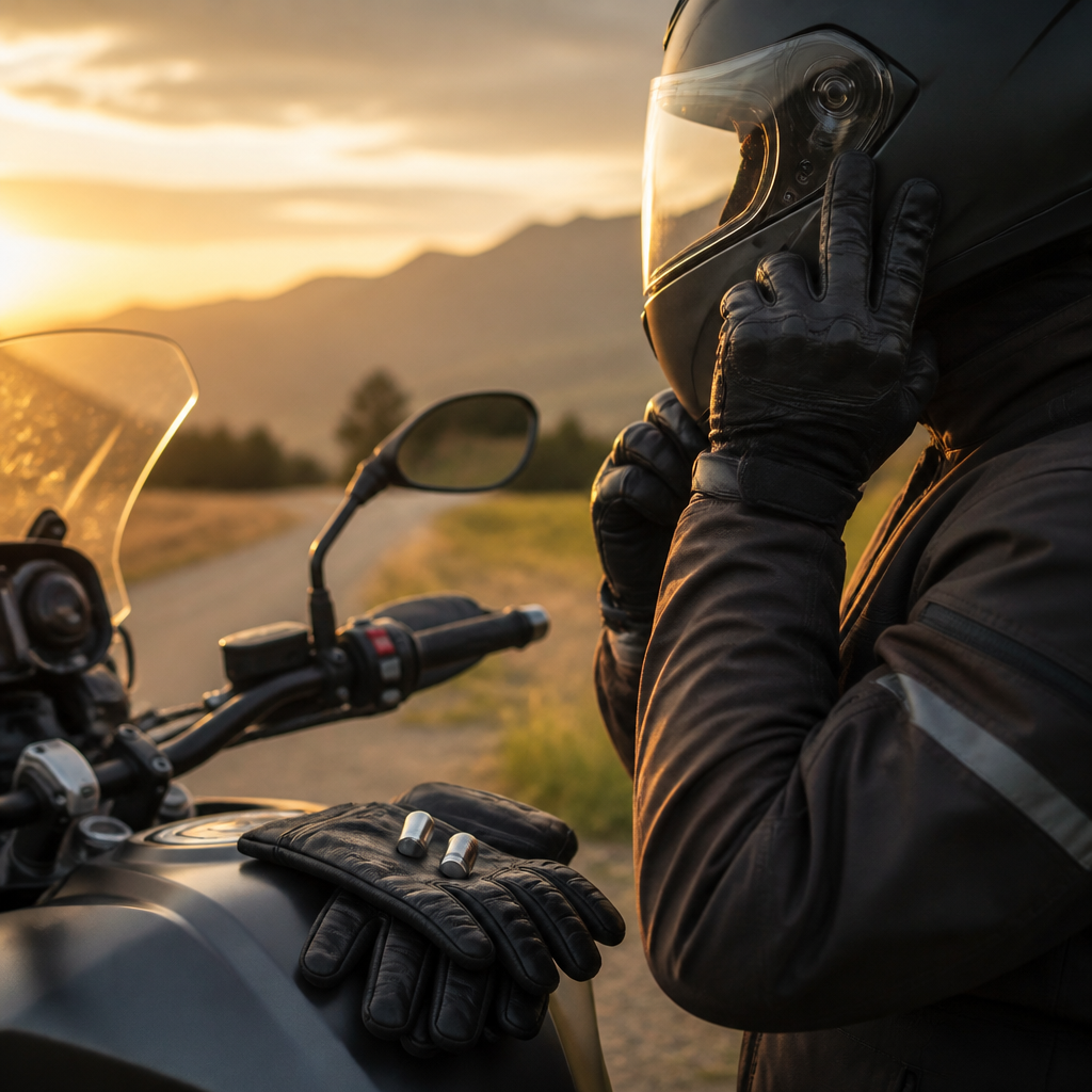 Rider preparing a helmet on a parked motorcycle with ear plugs placed nearby before a long highway ride.