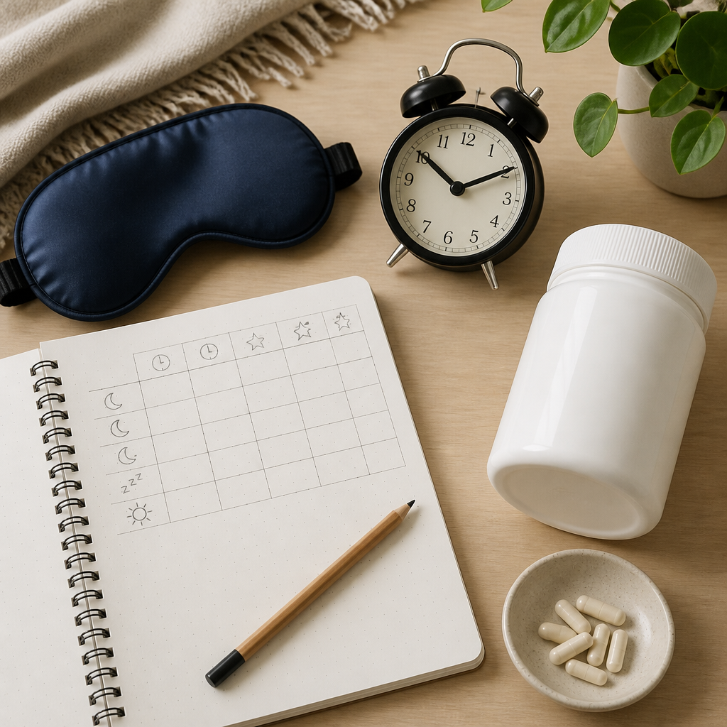 Flat-lay of a sleep mask, sleep log and alarm clock beside plain supplement bottles, showing recovery beyond nutrition.