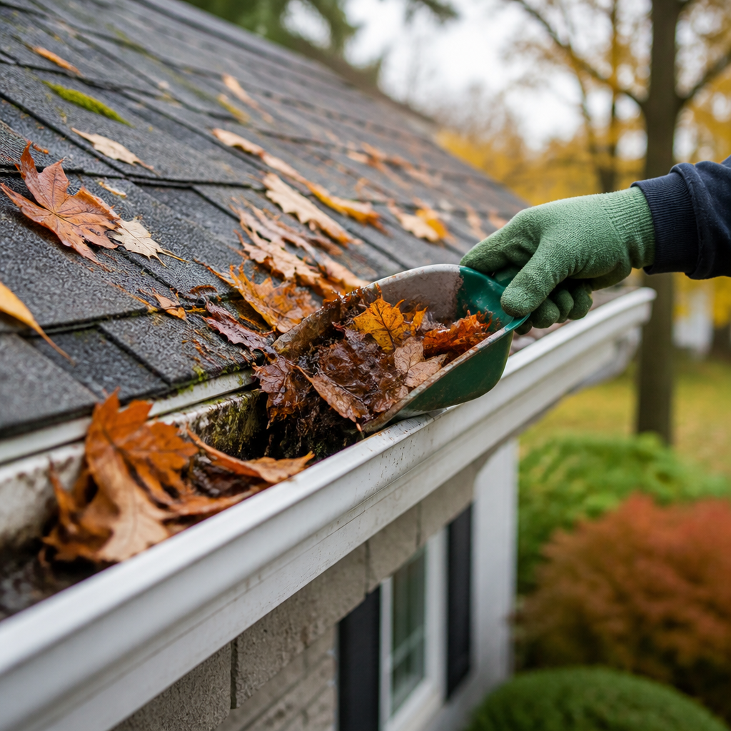 Hand clearing wet leaves from an eavestrough along a house roofline before winter.