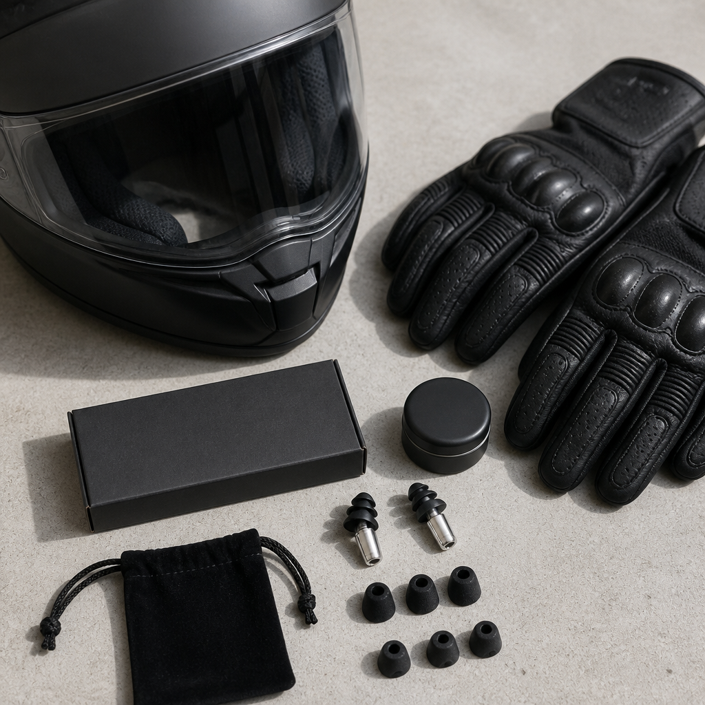 Flat-lay of helmet, gloves, and reusable ear plugs with spare foam tips for motorcycle hearing protection.