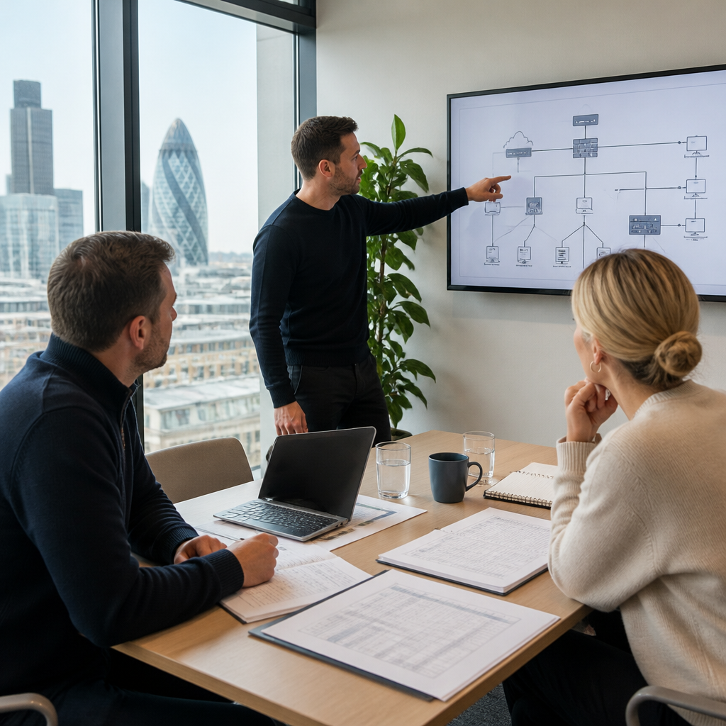 Business owners and an IT consultant reviewing an IT due diligence checklist and asset register in a London office meeting room.