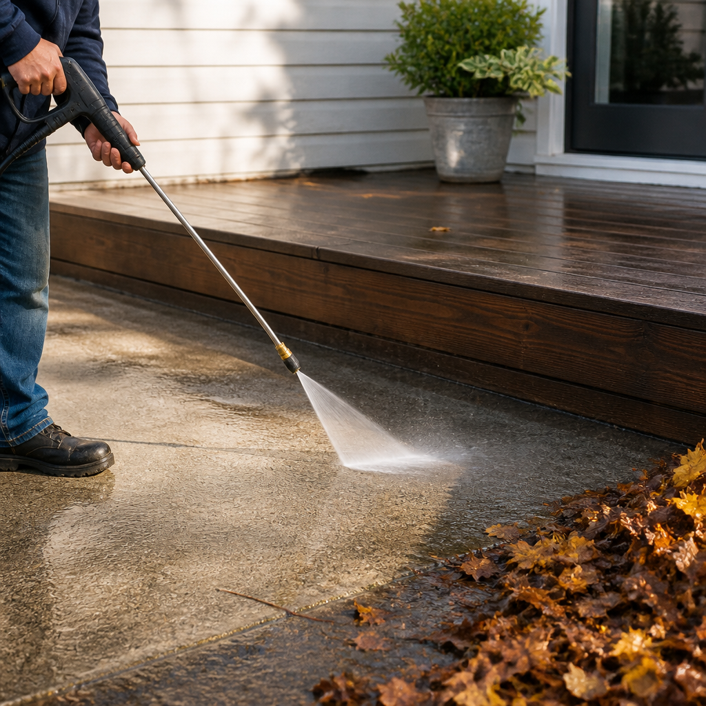 Power washing a concrete driveway and wooden deck during fall exterior cleaning in Ontario.