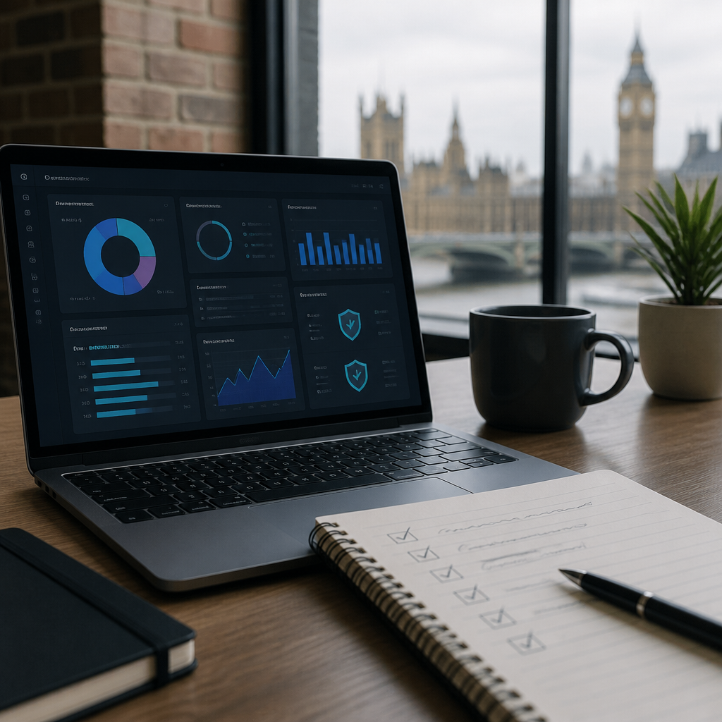 Laptop showing cloud system and security dashboards beside a handwritten checklist on a London office desk.