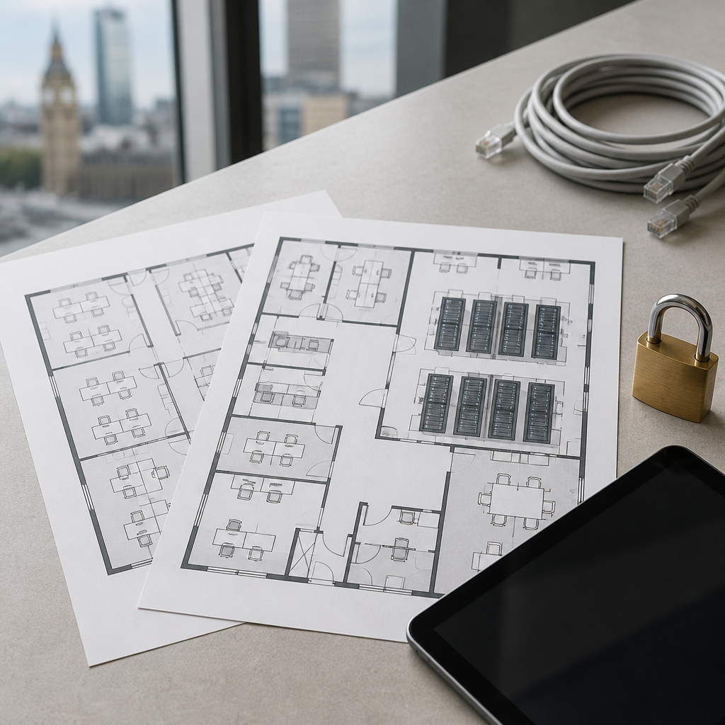 Two office layouts and server equipment representing integration planning between merging London businesses.