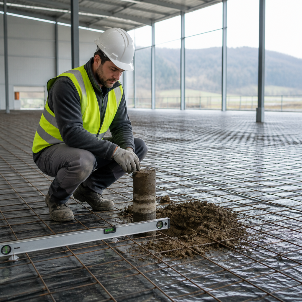 Ingénieur géotechnicien inspectant un dallage industriel en béton sur un sol compressible, avec carottes de sol au premier plan.