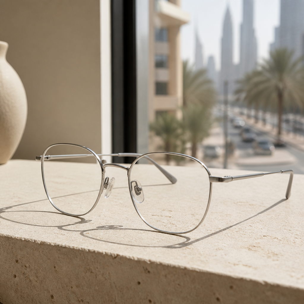 Lightweight titanium eyeglass frames in thin silver finish resting on a stone surface in soft daylight
