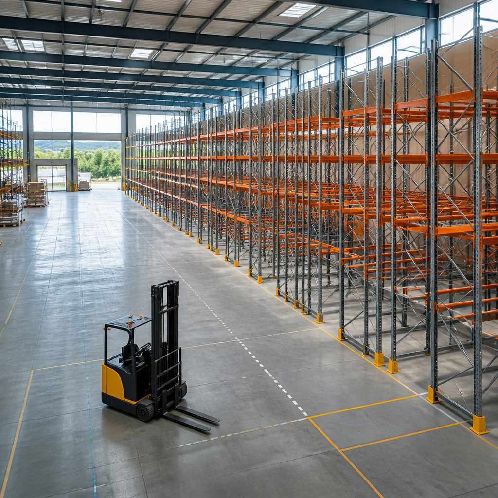 Allée de rayonnages métalliques vides dans un bâtiment logistique avec sol en béton parfaitement plan.