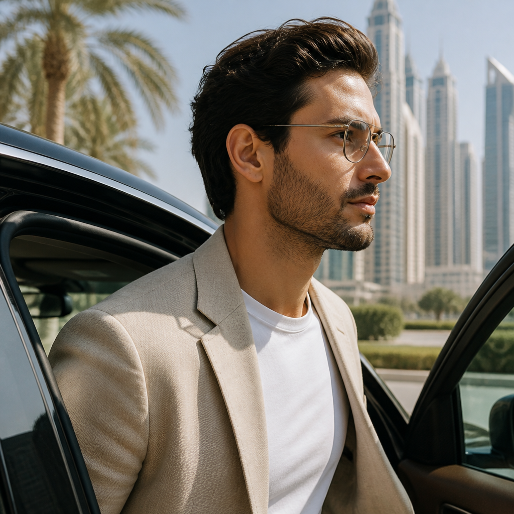 Person wearing thin titanium eyeglasses stepping from an air-conditioned car into bright Dubai sunlight