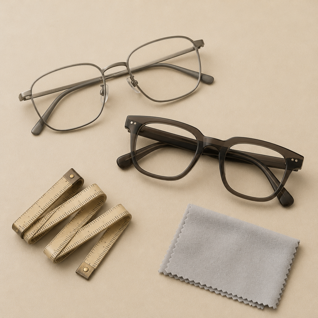 Titanium and acetate eyeglass frames compared beside a measuring tape on a neutral beige background