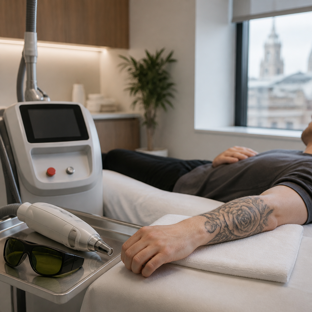 Clinic treatment room showing a client's forearm on a towel beside a laser tattoo removal handpiece and protective eyewear